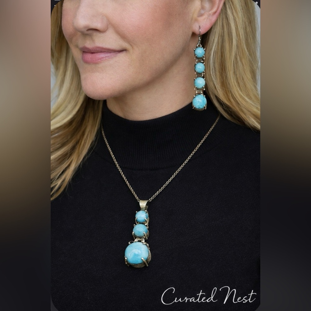 Elegant Blue Larimar Stones Jewelry Set - Earrings & Pendant